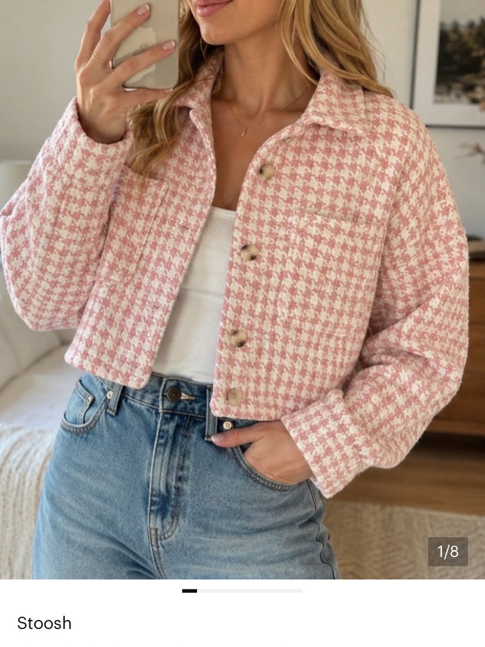 Pink White Houndstooth Cropped Shacket Button Front Jacket Medium